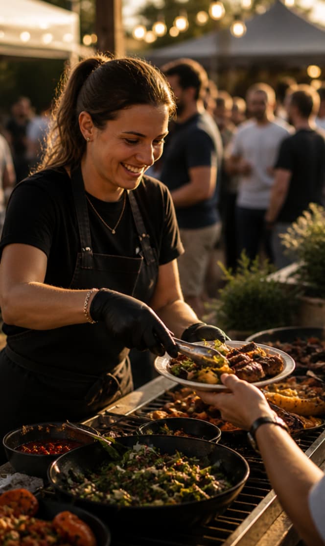 Gastvrije service tijdens BBQ catering op locatie met ontspannen interactie tussen chef en gasten