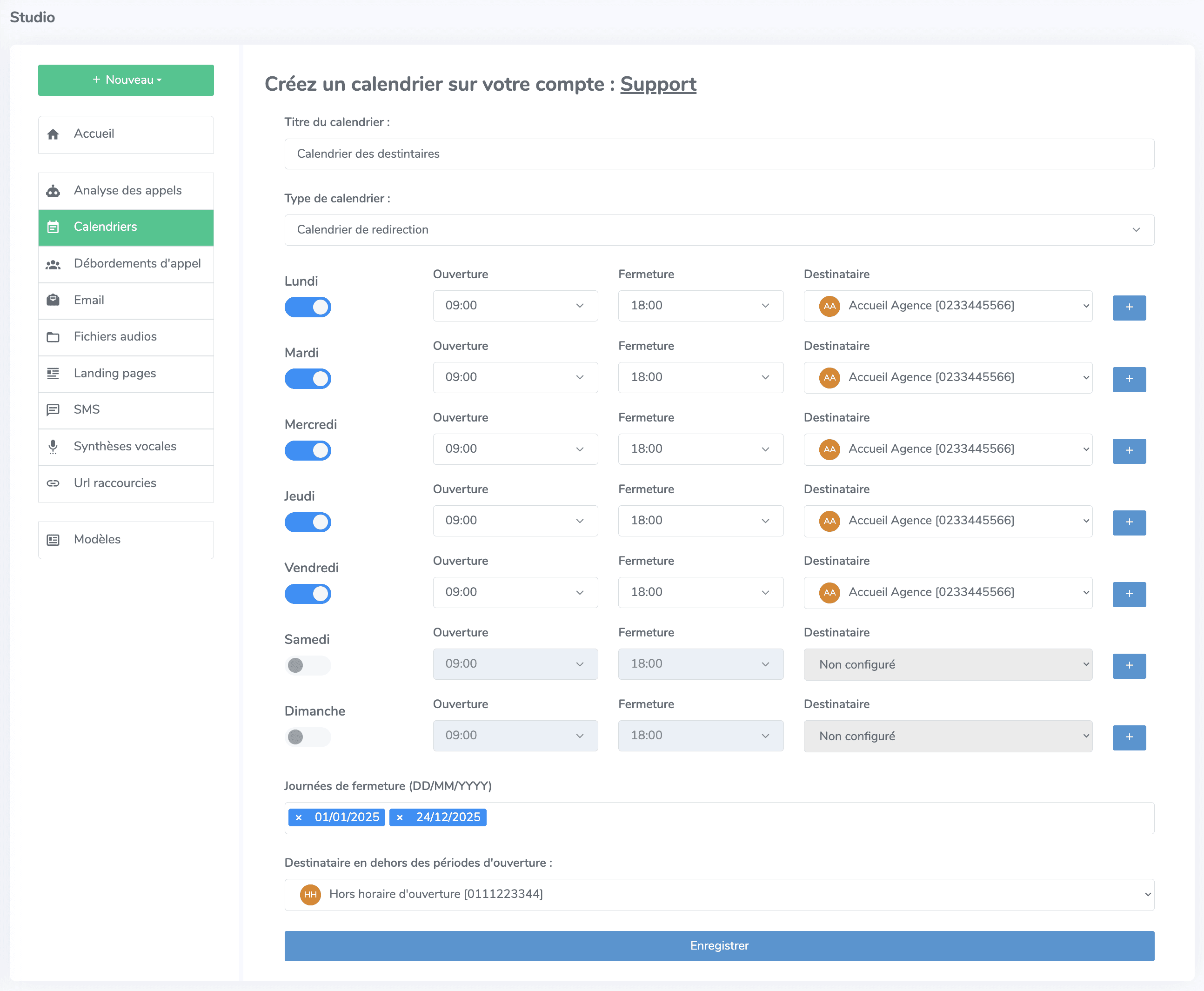 Configuration du calendrier Studio Magnétis
