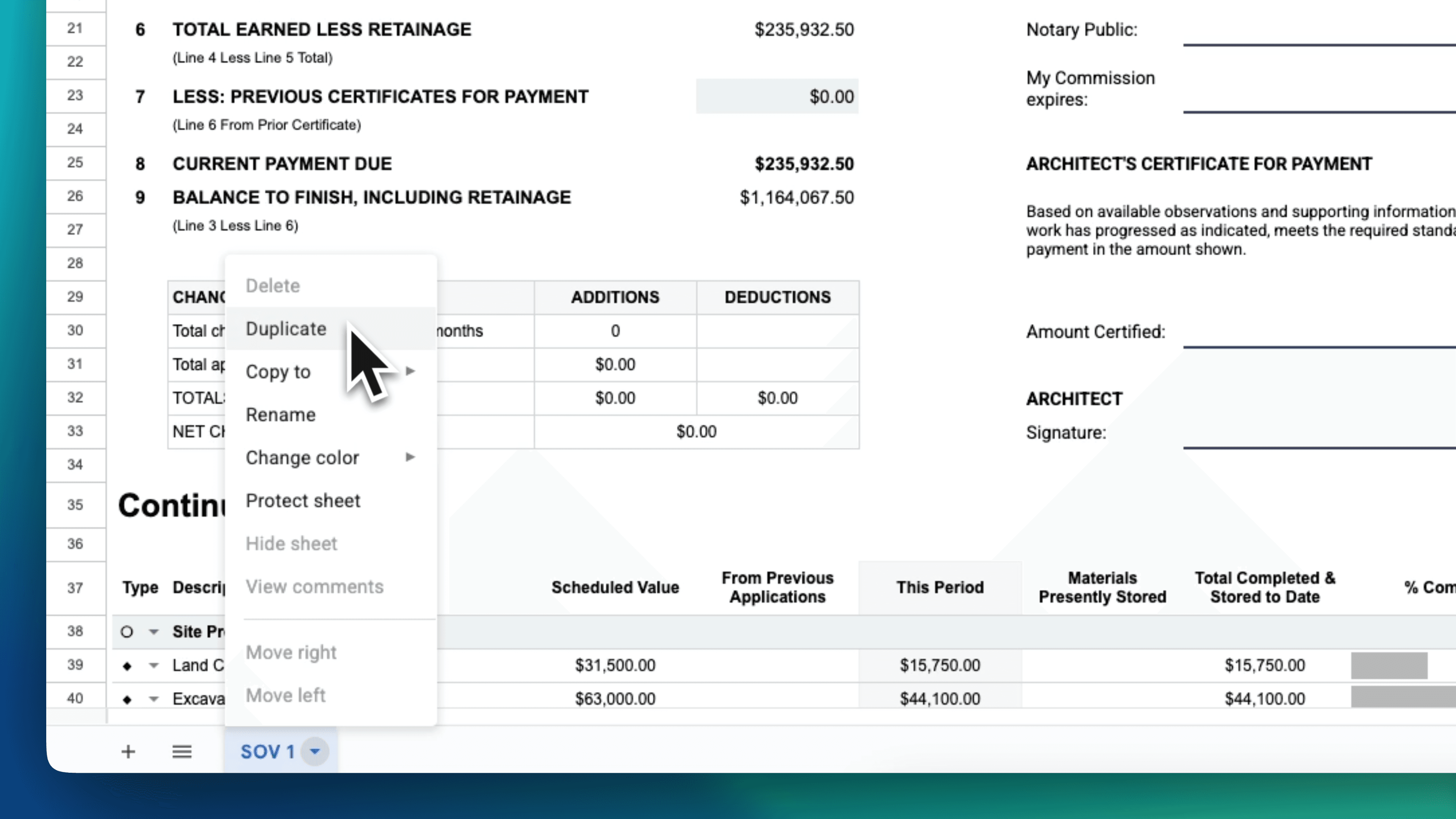 Google Sheets Schedule of Values continuation sheet close-up – line items for site prep, land clearing, excavation, scheduled values, previous applications, this period, and materials stored