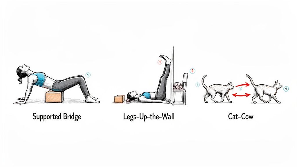 Illustrations of three gentle yoga poses: Supported Bridge, Legs-Up-the-Wall, and Cat-Cow.