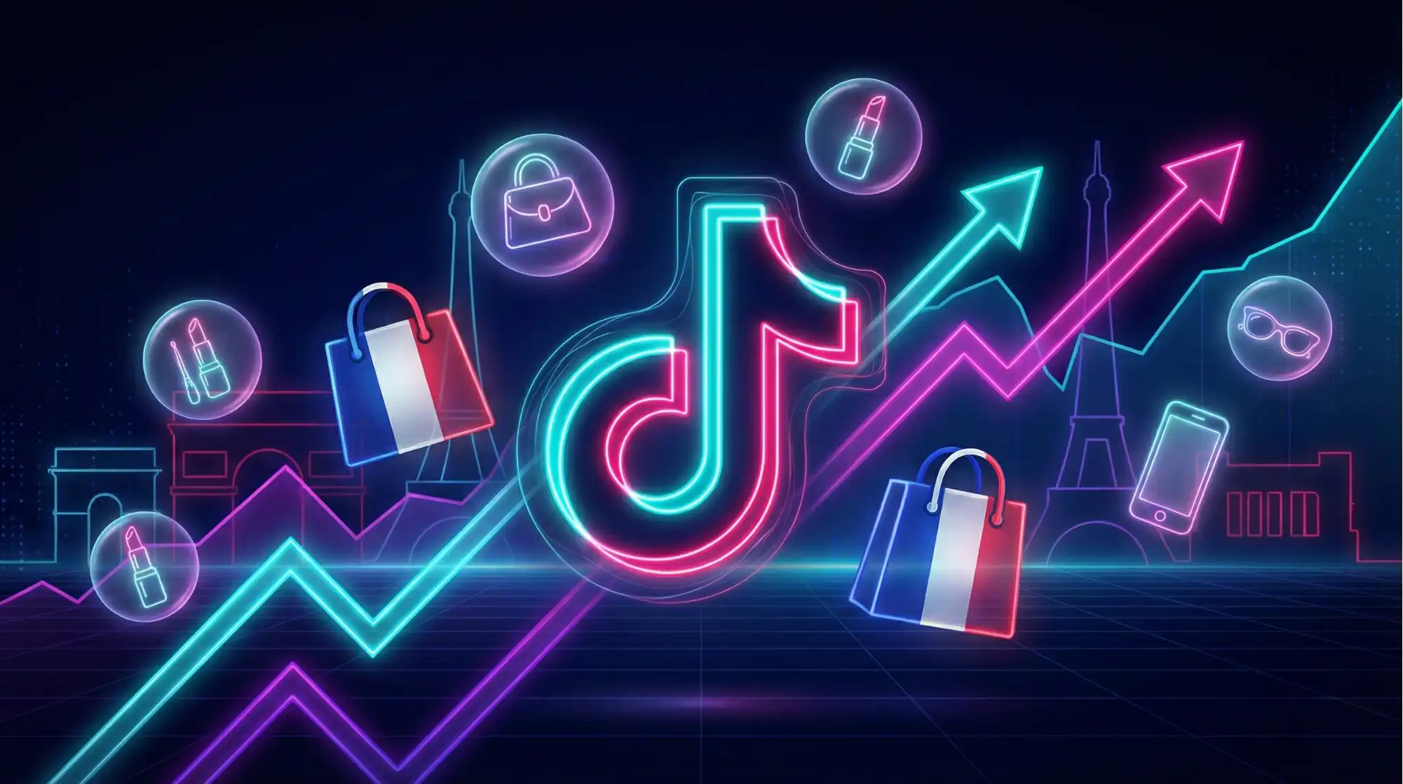 Neon TikTok musical note with French shopping bags, upward arrows, and cosmetic icons representing social commerce growth