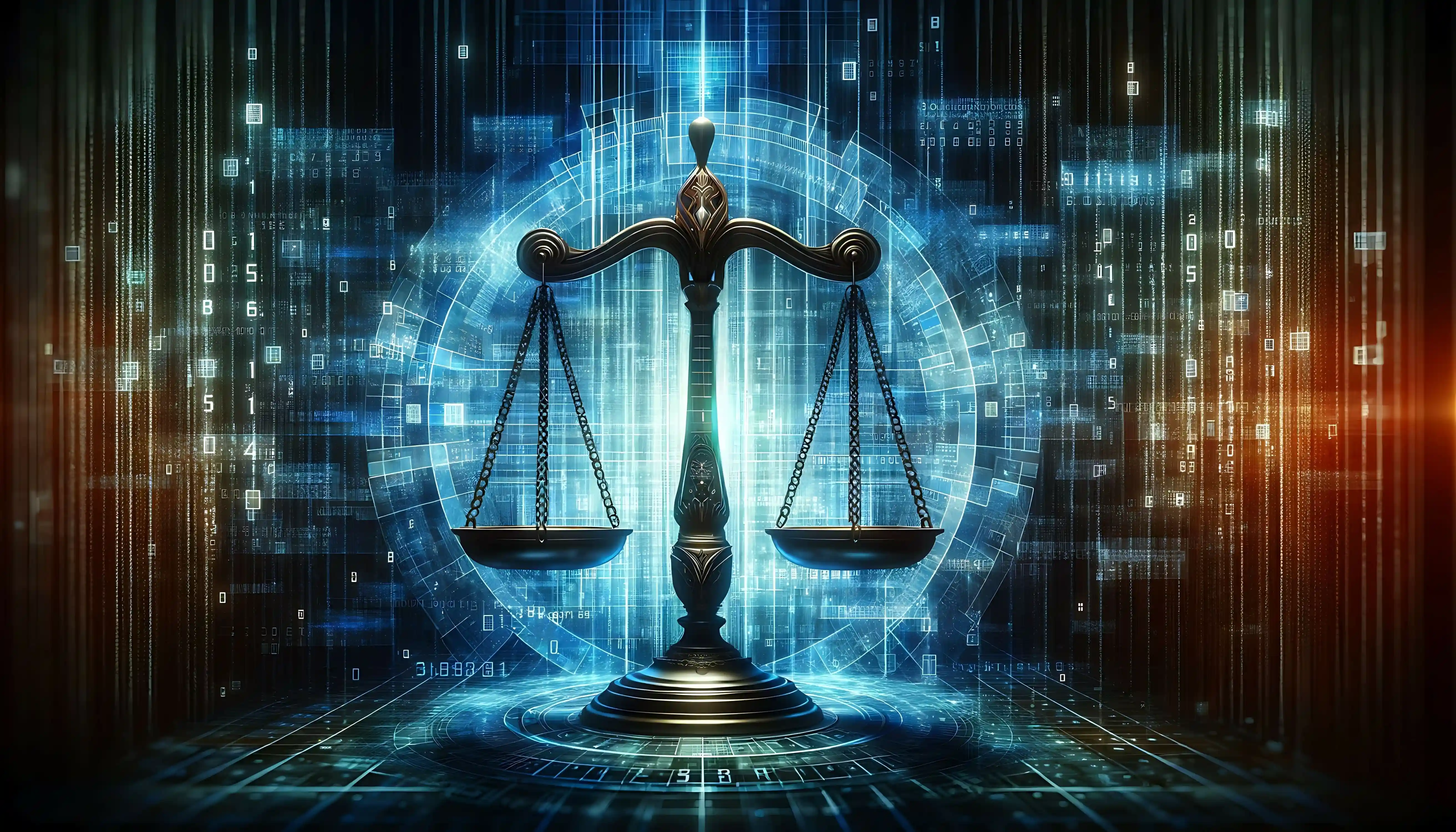 Scales of justice glowing against a futuristic digital background, symbolizing law and technology.