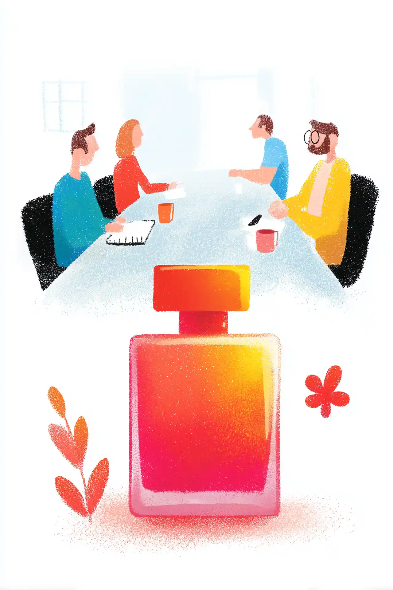 Textured editorial illustration of four colleagues seated around a conference table in discussion, with an oversized product bottle foregrounded in warm red and orange, suggesting a product that dominates the room but lacks brand context.