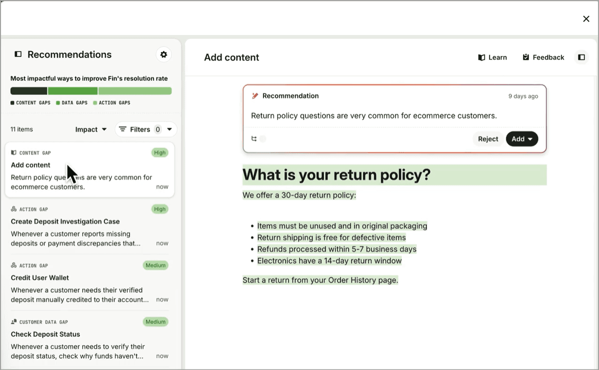 Intercom recommendations dashboard