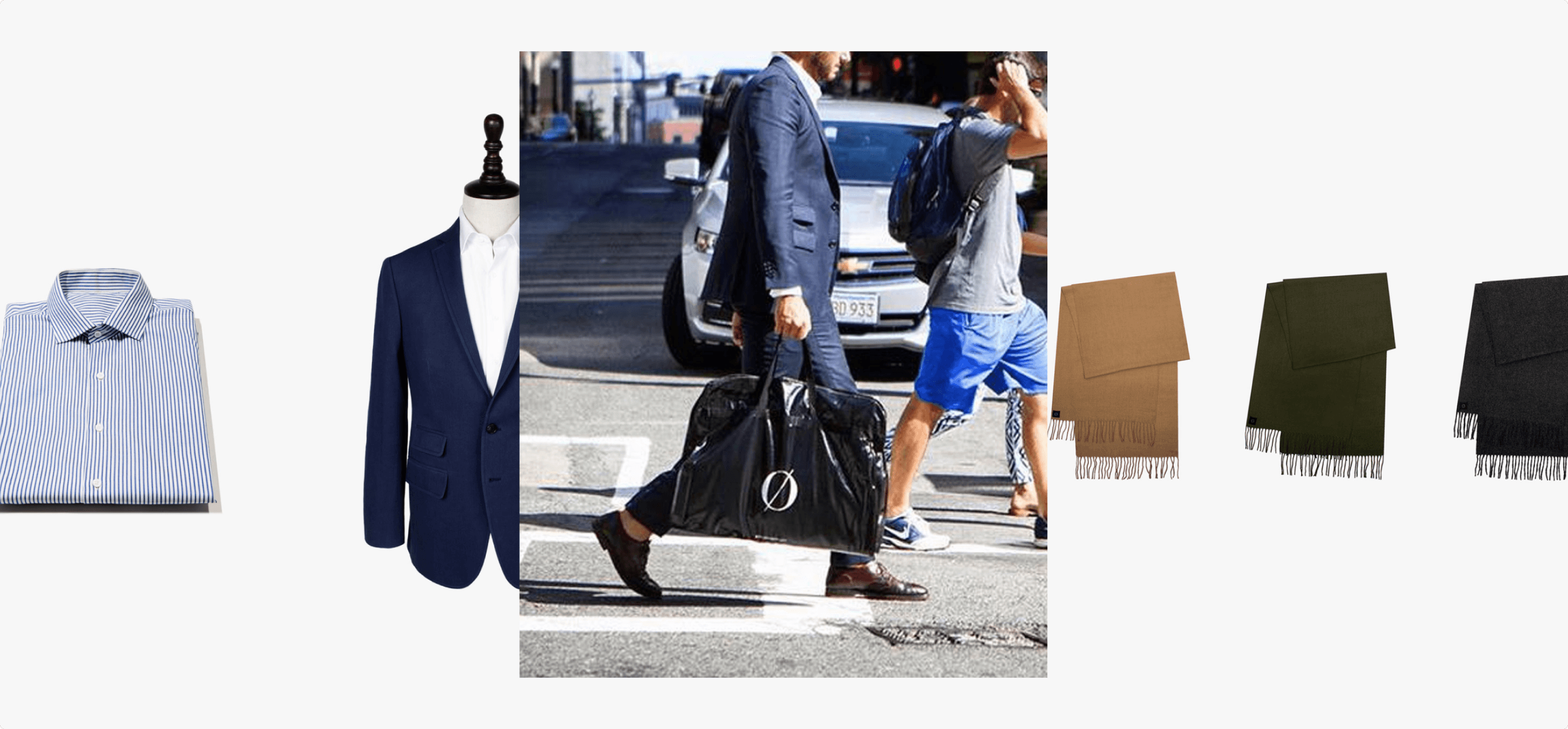 Blank Label customer walking on the street with garment bag.