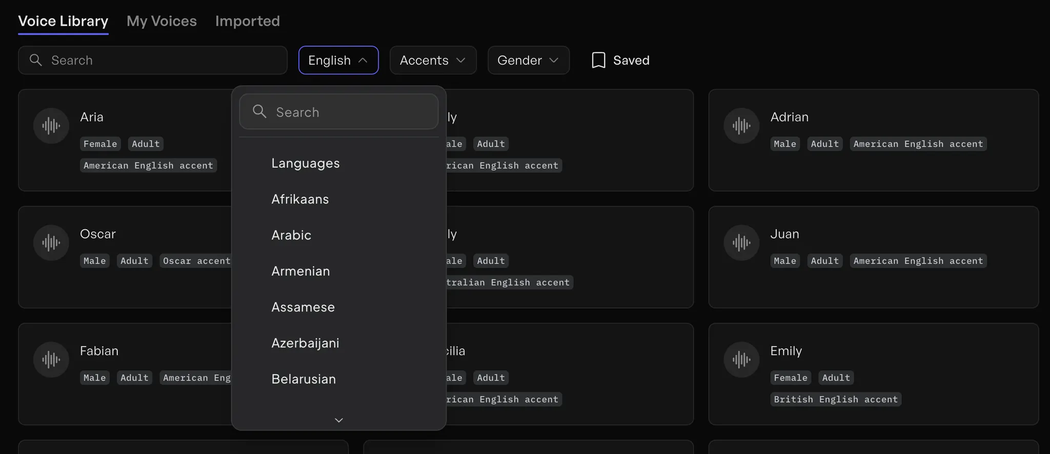 AI Avatars selection of voices in 70+ languages - Creatify app screenshot