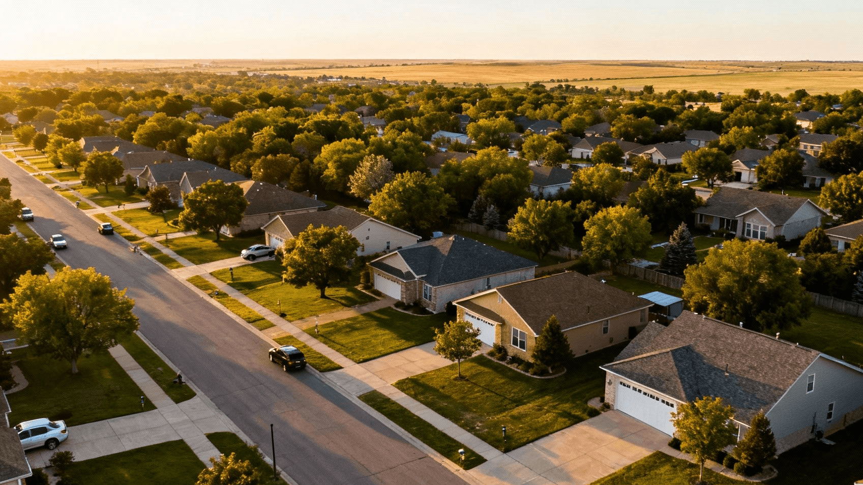 An aerial view of a suburban residential development at dusk near Edmond, Oklahoma.