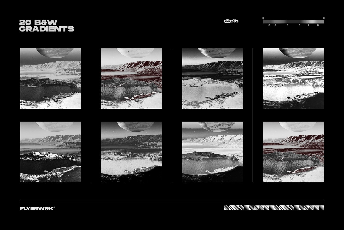 Selection of 20 high contrast black and white gradient maps for atmospheric landscape photography editing