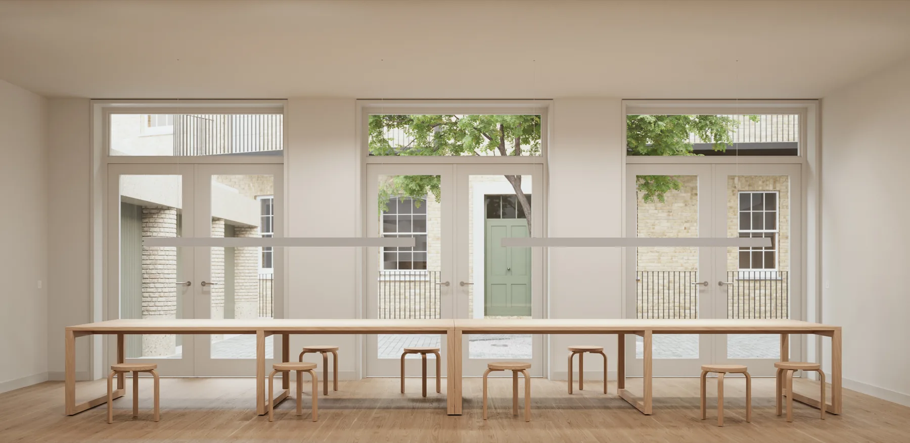 Lobby entrance with warm material palette — NewCourt premium development