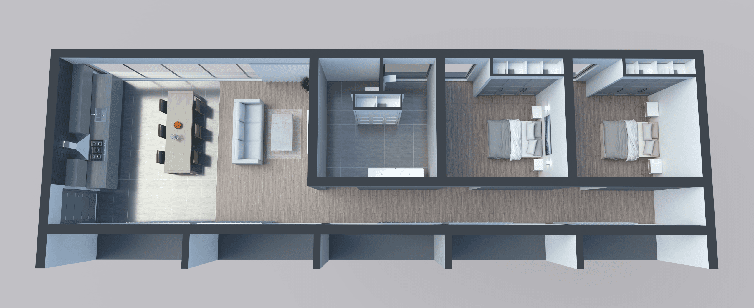 3D model of a spacious two-bedroom apartment with a fully furnished layout, including a large terrace and open-plan living spaces.