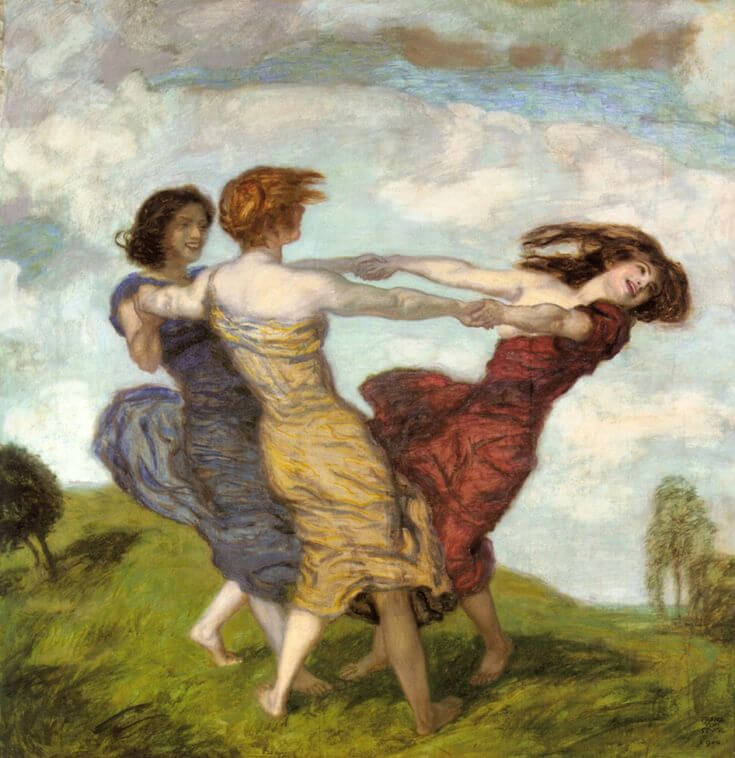 Painting of three women dancing in a circle — symbolizing Natasha Huseiva’s experience as ex-general manager of large-scale festivals for 30,000+ guests.