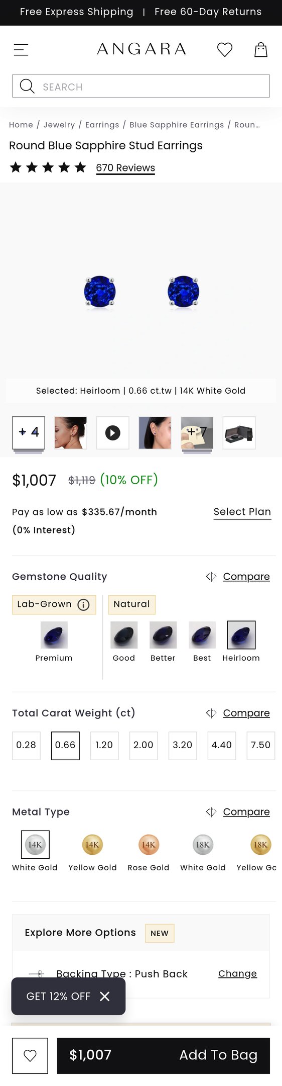 Jewelry product options include: earring for Round Blue Sapphire Stud Earrings from Angara.