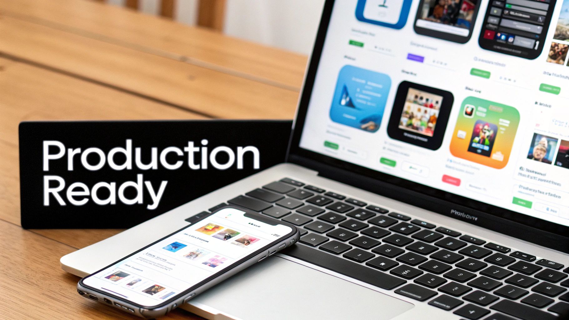 A laptop and smartphone displaying app store screens, beside a 'Production Ready' sign on a wooden desk.