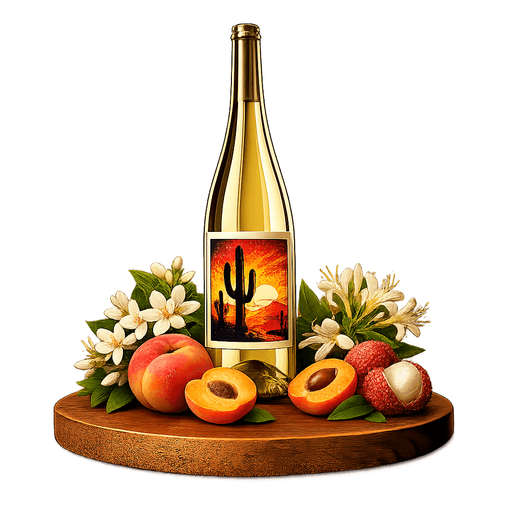 Artistic label and flavor profile for Arizona Malvasia Bianca on a rustic wooden table.