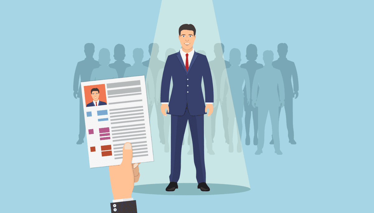Illustration of a resume being reviewed with a spotlight highlighting a candidate—representing how to craft a compelling response to “Tell me about yourself”.