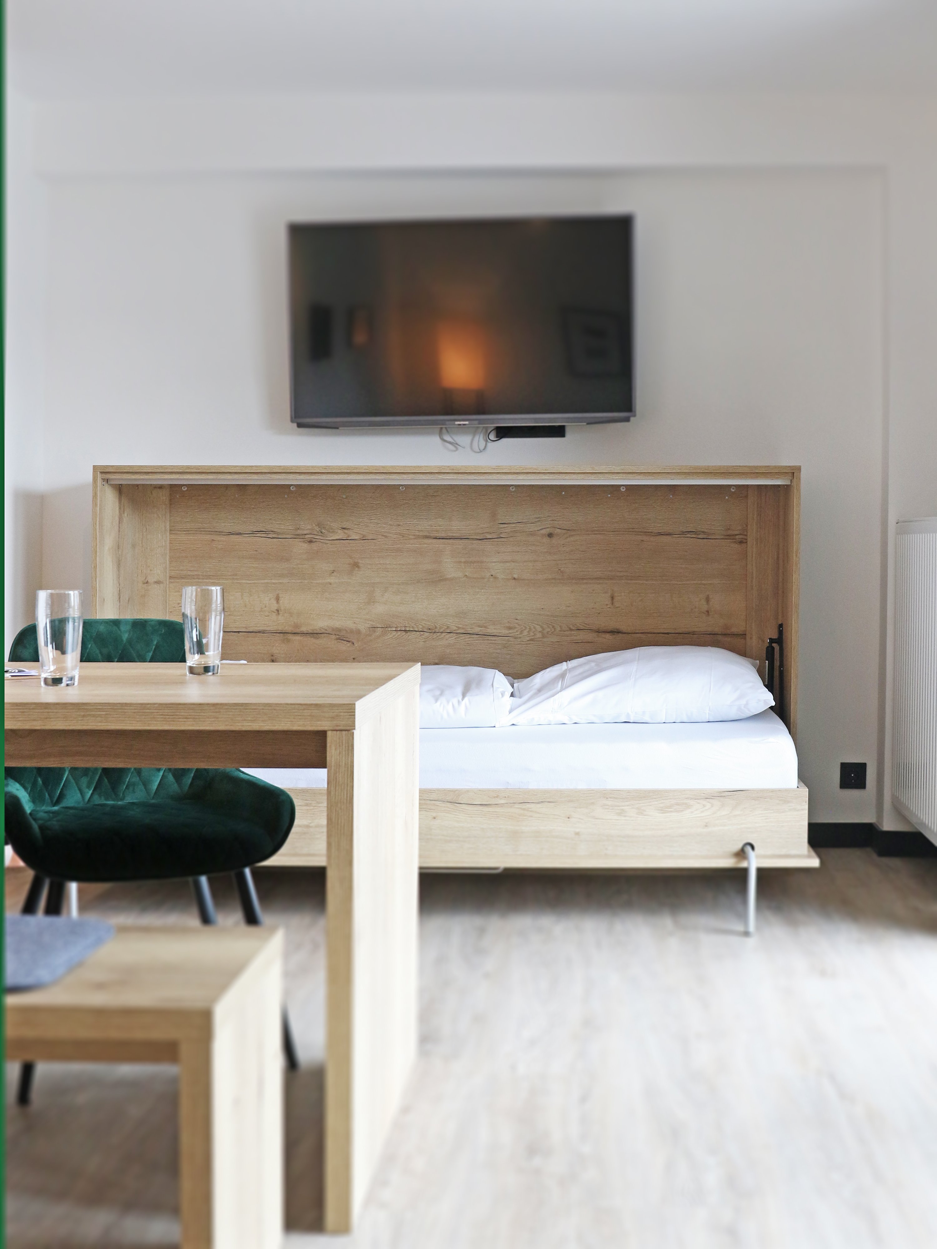 Modern cityscape skyline at sunset.