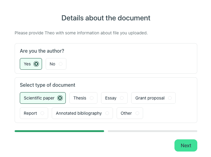 thesify onboarding screen asking if you are the author and to select the document type as scientific paper.