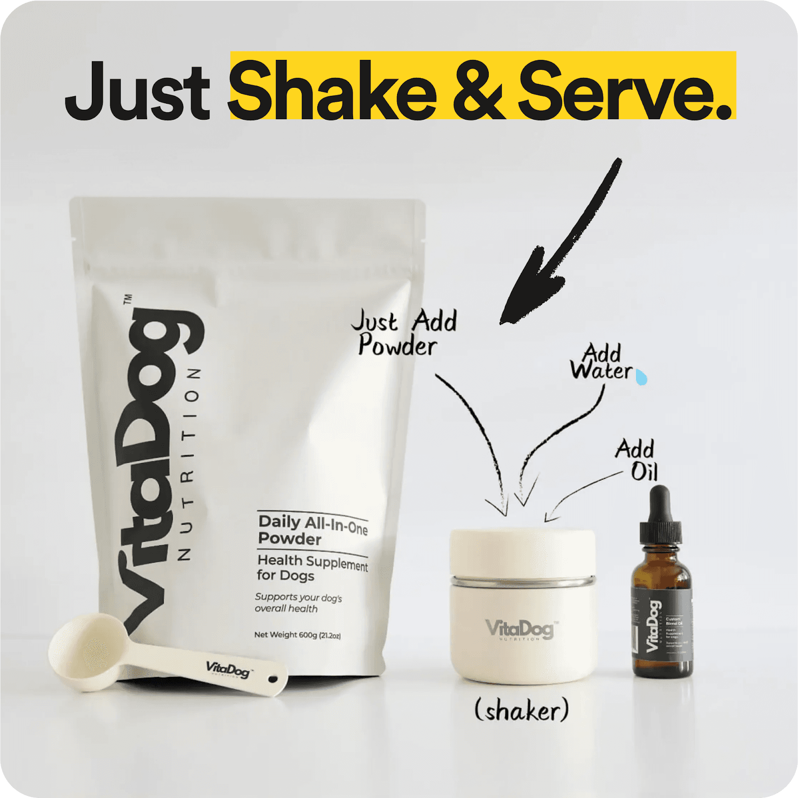 Display of ingredients for VitaDog Nutrition's "Just Shake and Serve," designed for enhancing dog health and wellness.