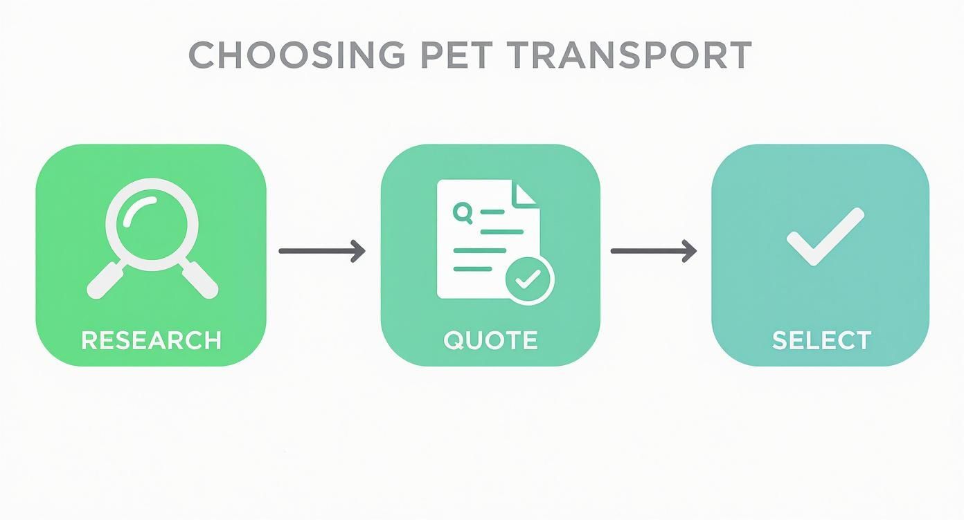 A three-step process diagram illustrating how to choose pet transport: research, quote, and select.