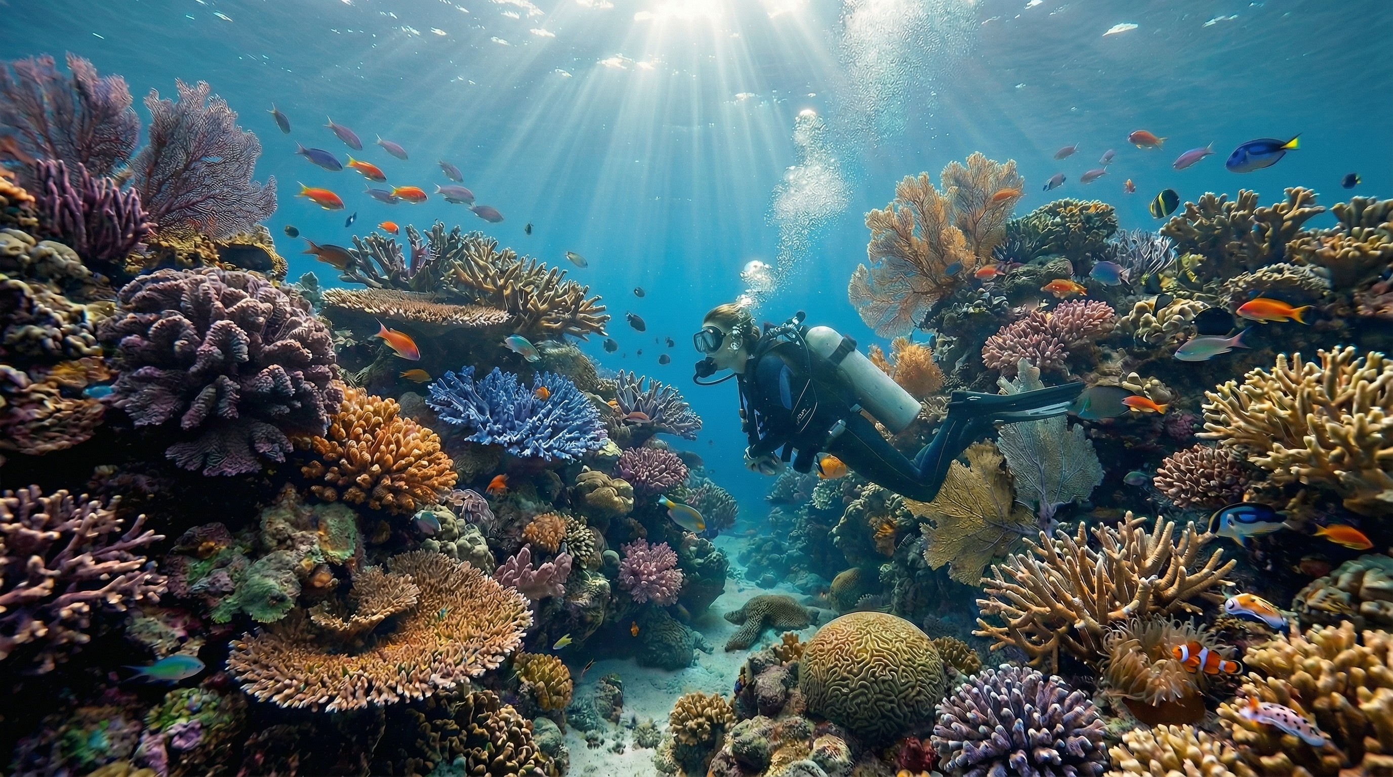 Scuba diver swimming over a vibrant coral reef filled with colorful fish.
