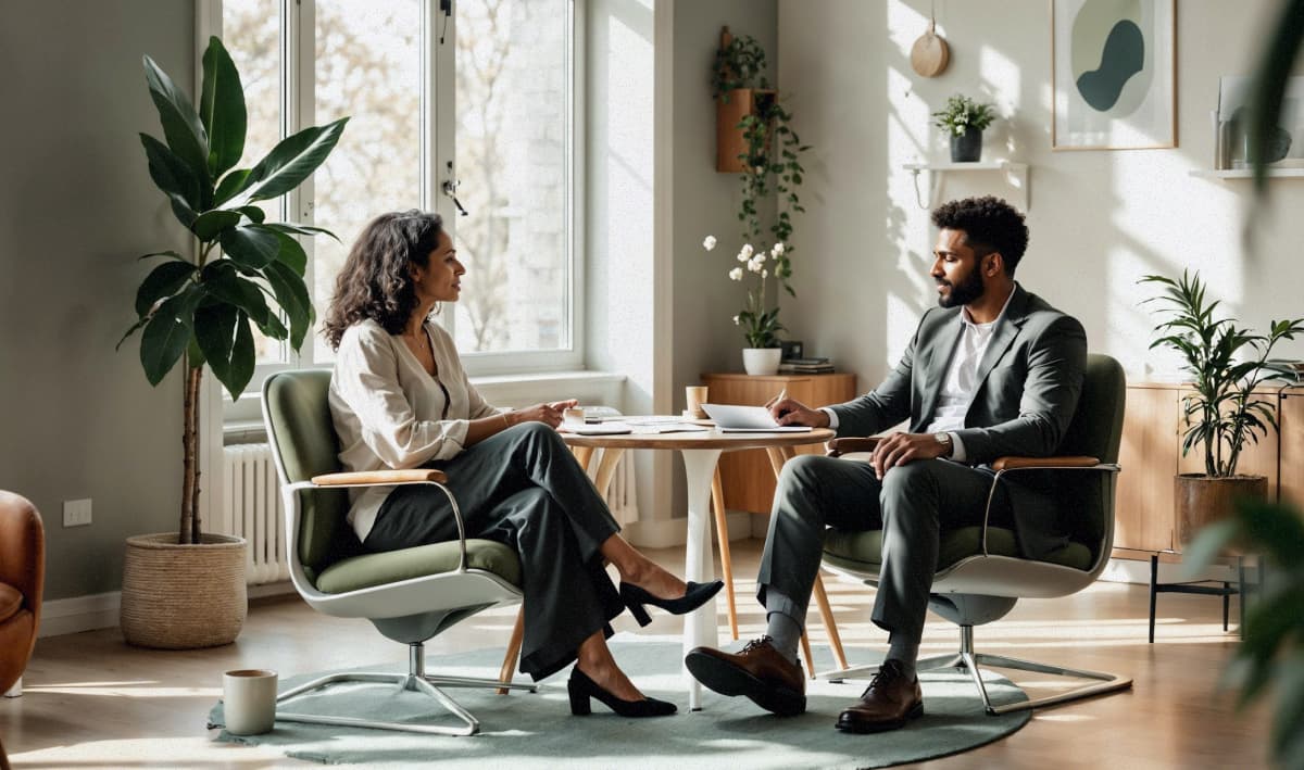 Two business people sitting at a table across from each other in a modern office