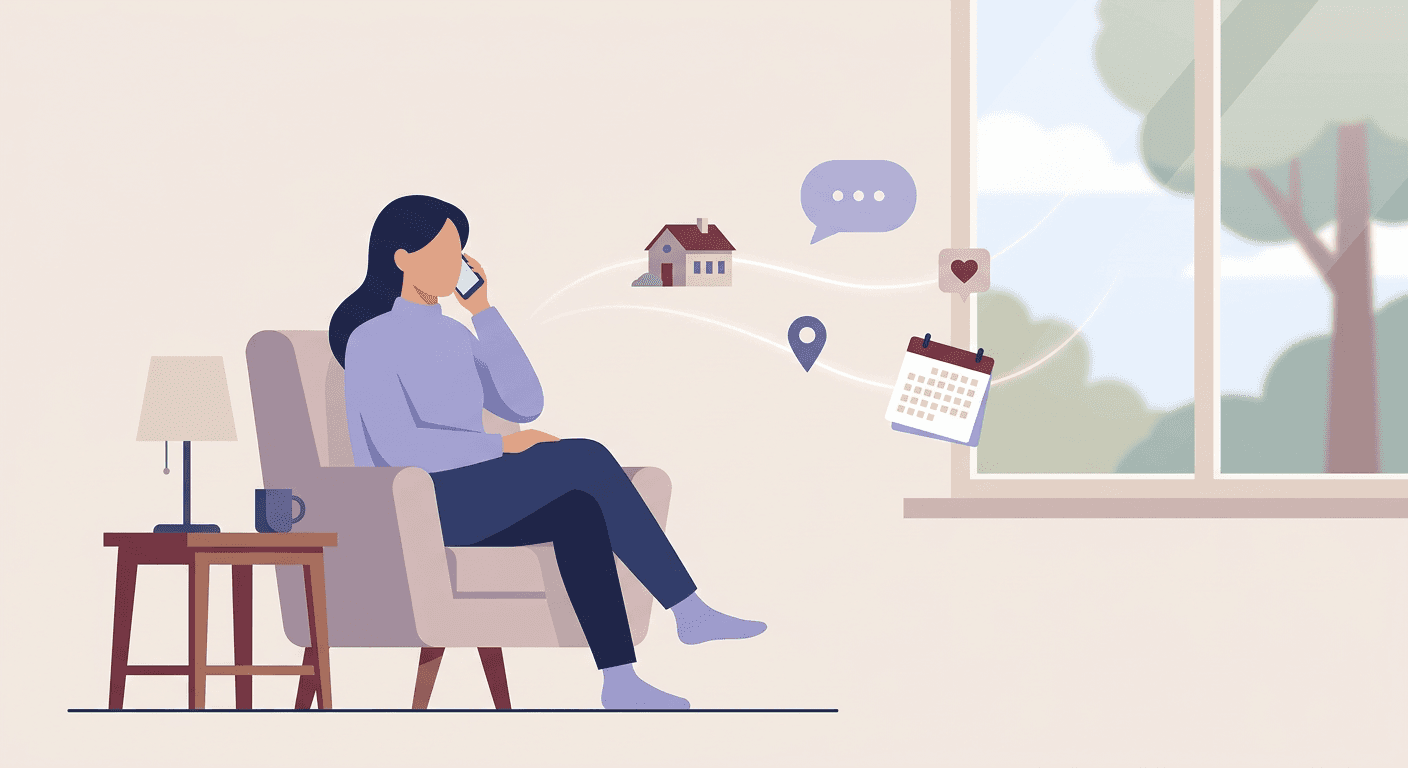 A woman sits in an armchair at home talking on the phone, with a house, calendar, location pin, heart, and message icons floating toward a window, suggesting she is staying connected to a loved one from a distance.