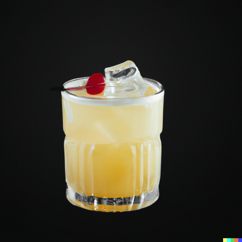 A chilled glass of whiskey sour garnished with a bright red cherry on top, set against a dark background.