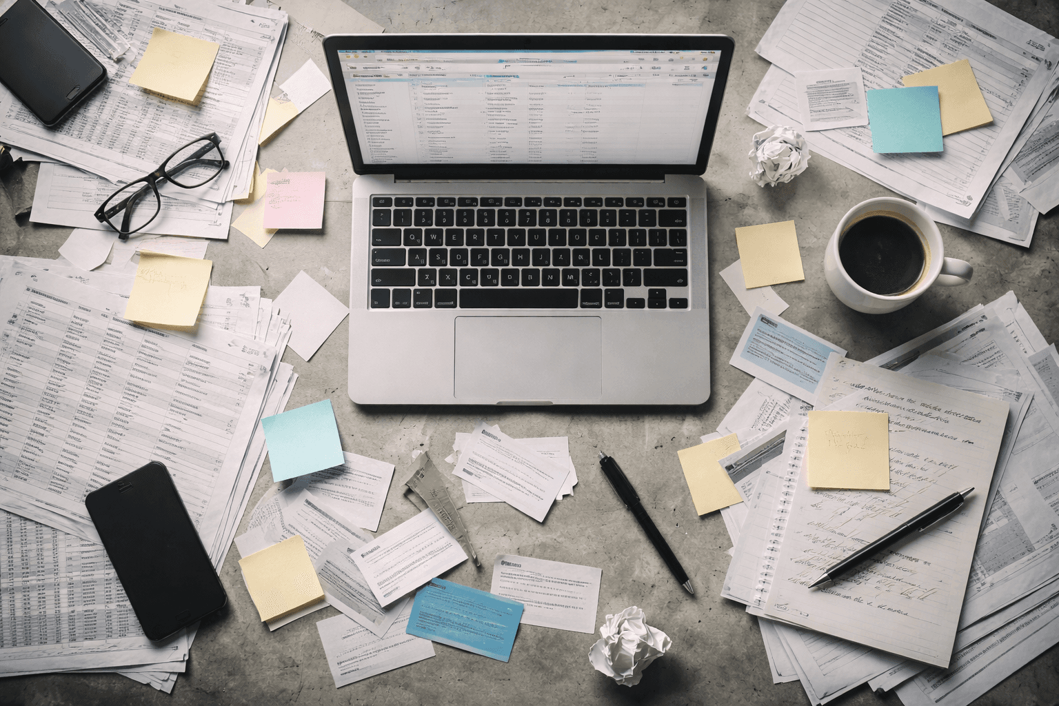 Overhead view of a messy office desk with scattered business cards, sticky notes, printed CSV files, and an open laptop with many browser tabs