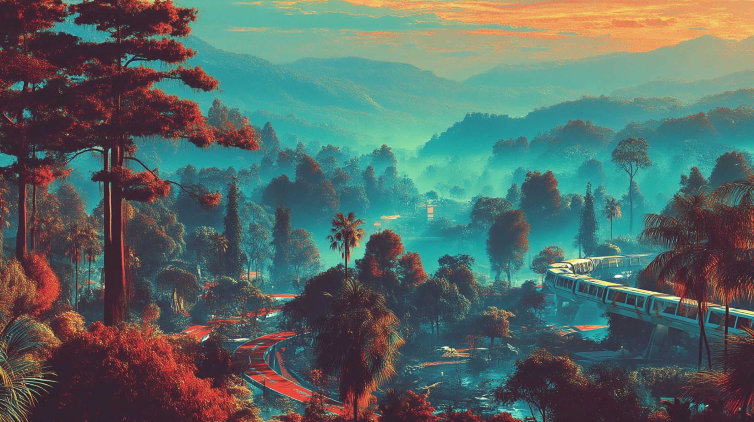 A vast jungle park stretches beneath a golden sky, glass walkways glowing red through mist as dinosaurs and people move together — belief operating as a living system.