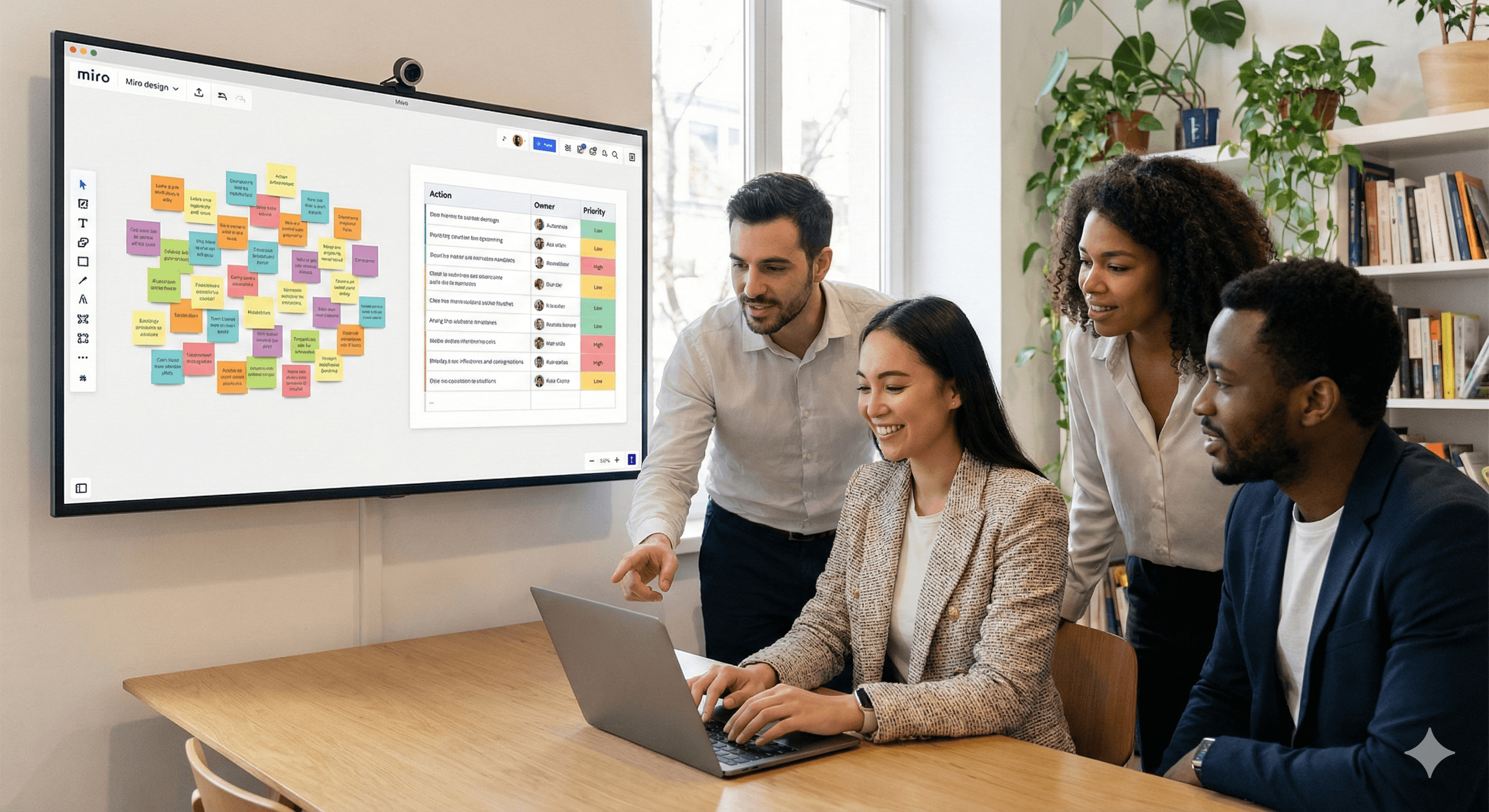 In a modern office setting, four colleagues gather around a laptop while discussing ideas displayed on a Miro intelligent canvas with colorful sticky notes and prompts on a large screen.