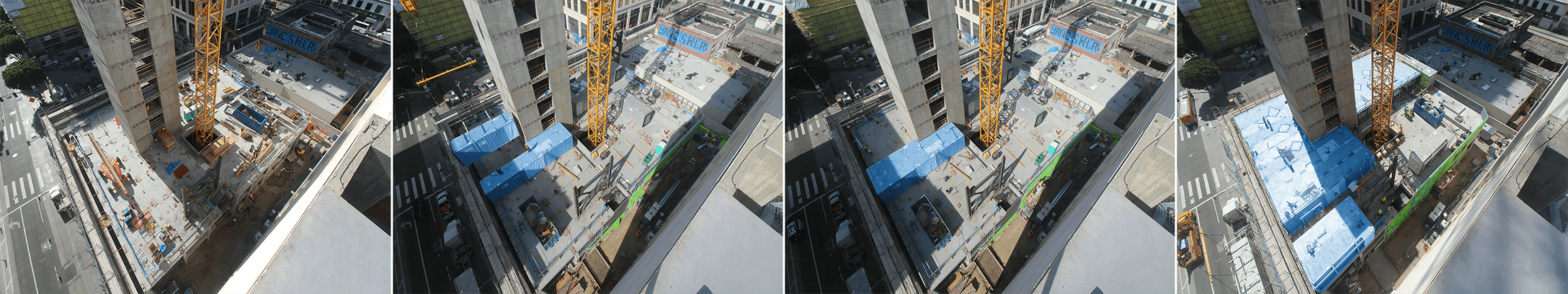 Aerial view of the construction process, highlighting the rigging and setting of modules onto a concrete podium, ensuring corridors and exterior walls are straight and level.