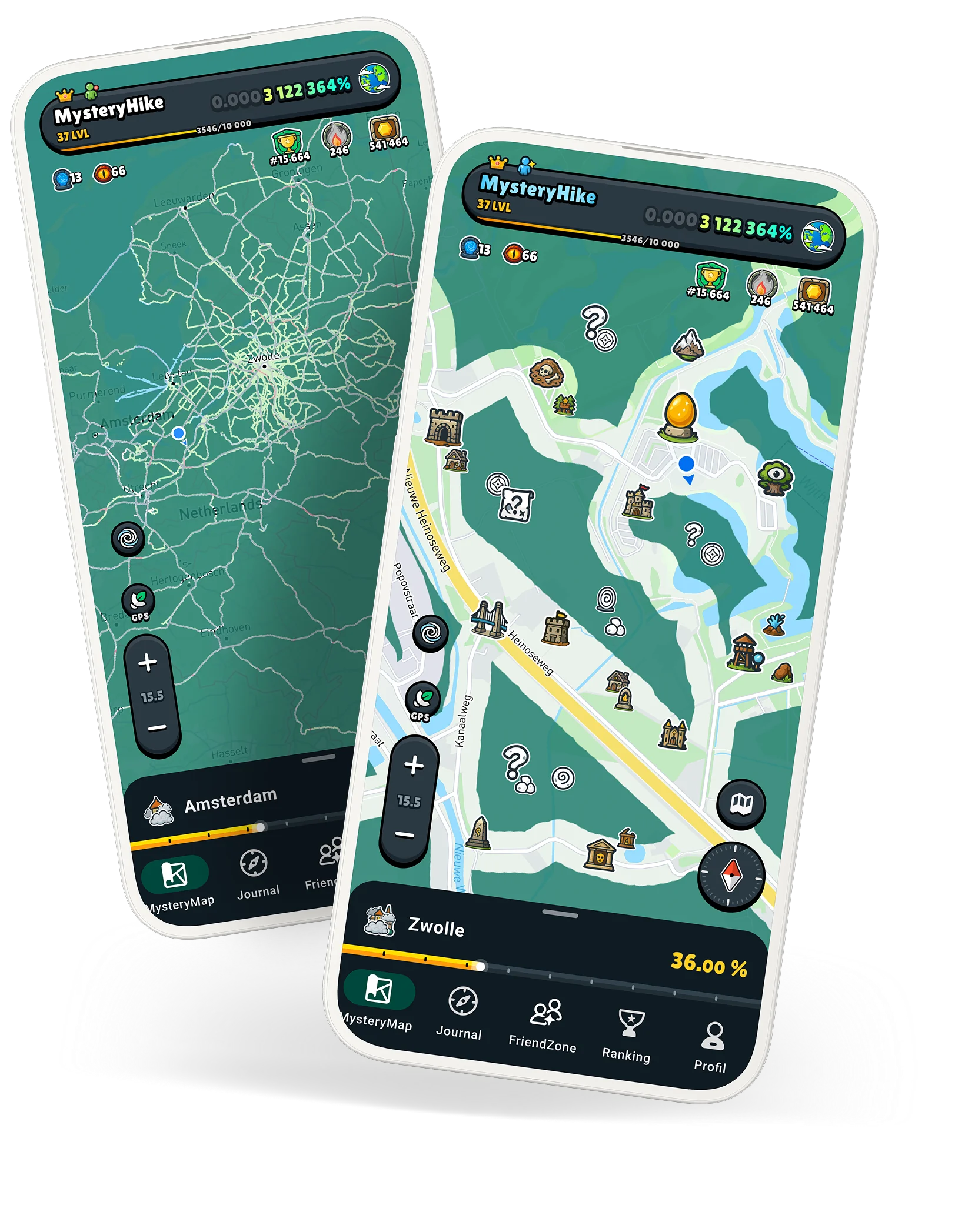 MysteryHike app showing explored areas and Mystery Places