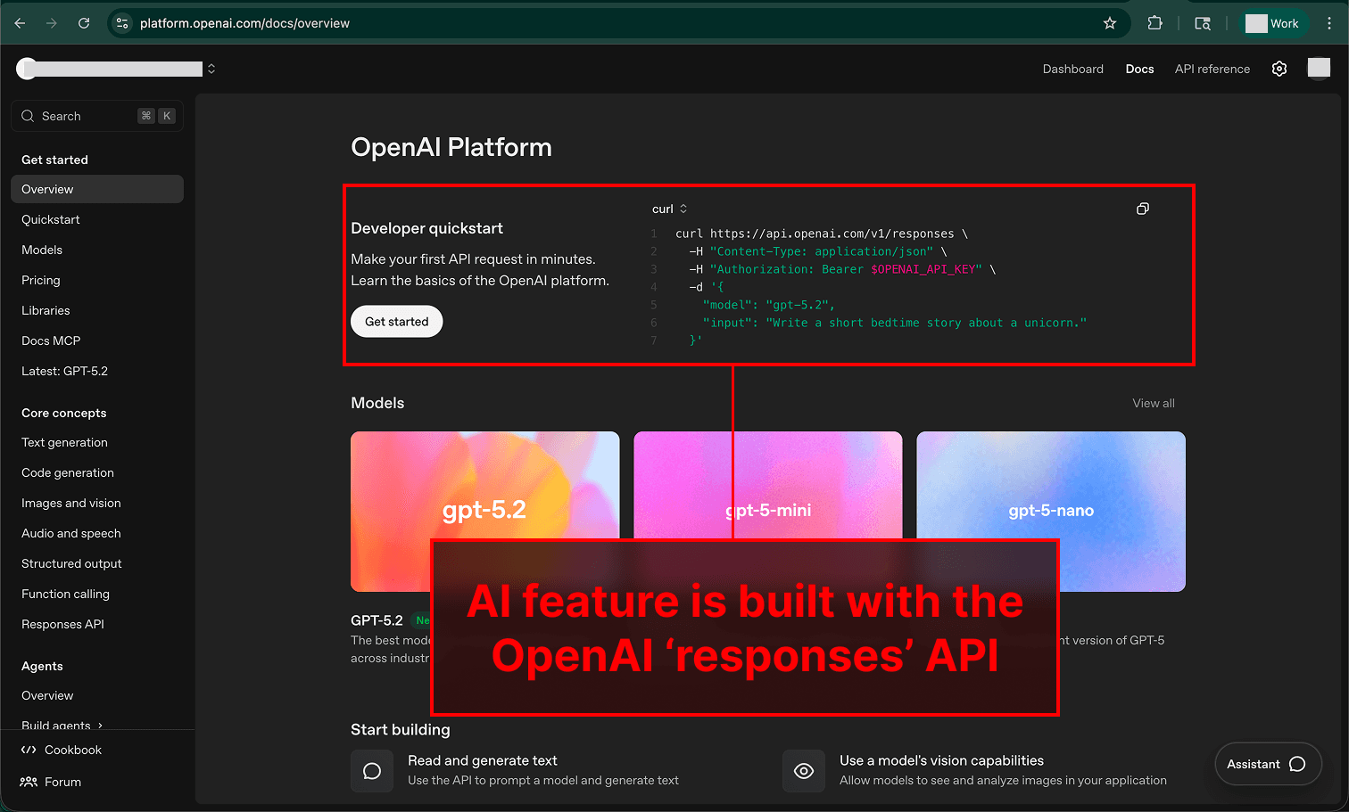 An AI feature is created using the default recommended 'responses' API to generate AI outputs.