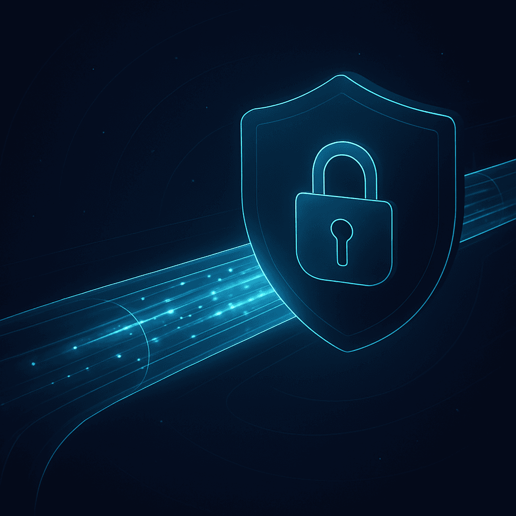 Secure data pipeline guarded by shield and lock symbolizing GDPR and privacy compliance