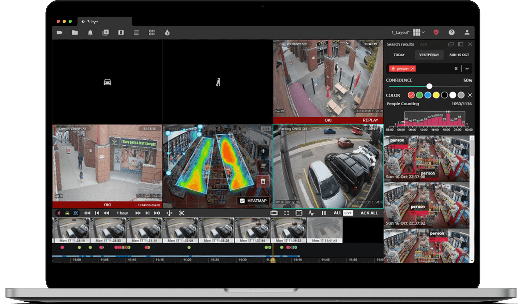 Multi-camera security system interface showing live surveillance feeds, facial recognition alerts, and recorded event playback from various indoor and outdoor locations.