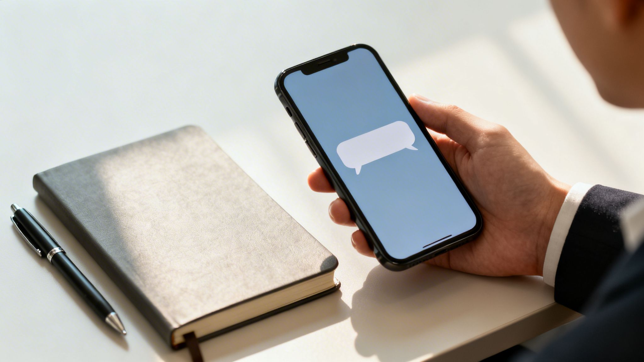 Mano sosteniendo un smartphone con un icono de mensaje en la pantalla, junto a un cuaderno y un bolígrafo sobre una mesa blanca.