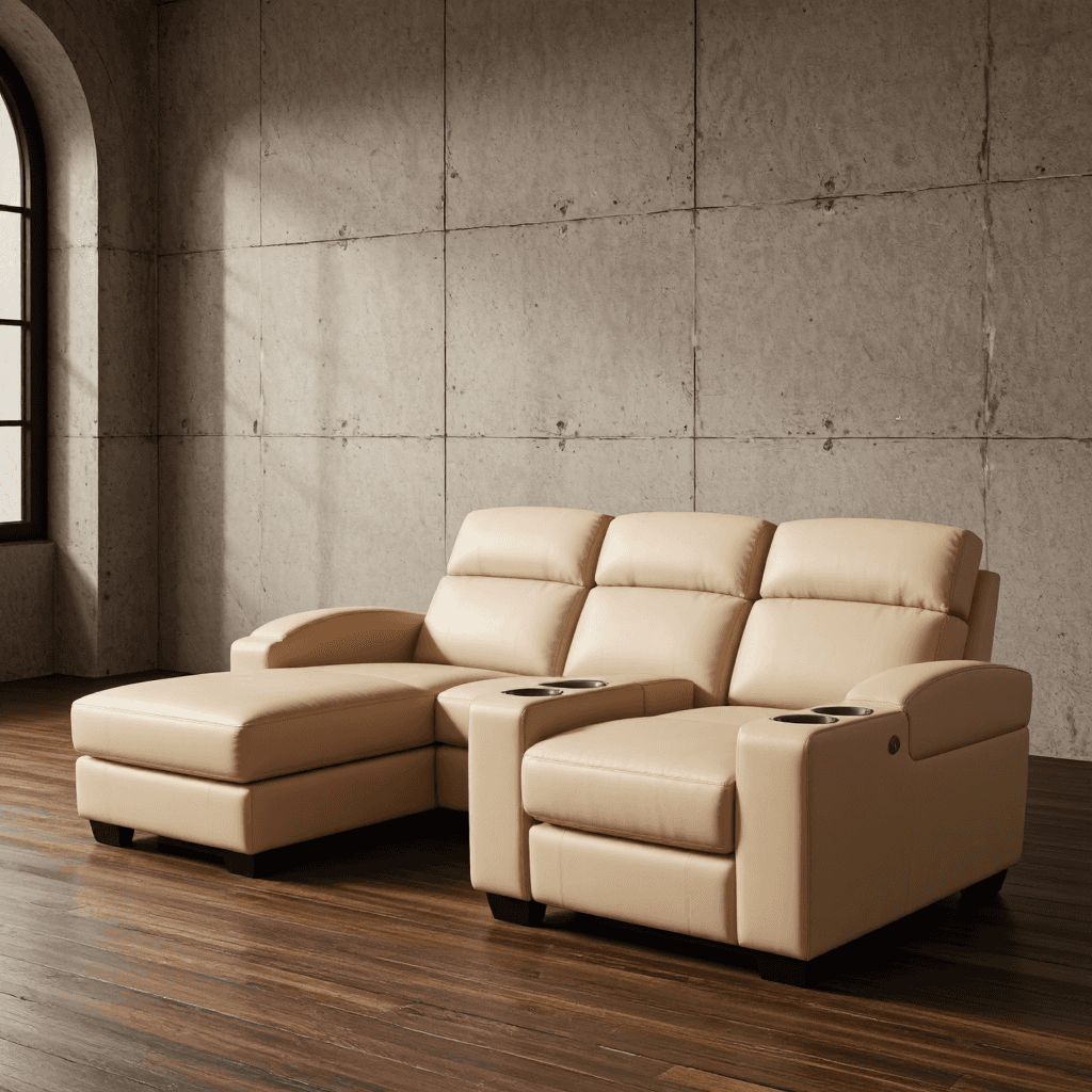 product photography of a sectional sofa with built-in cup holders