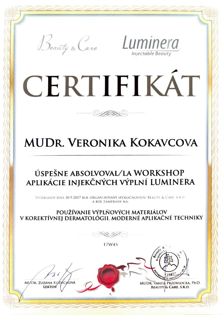 Certifikát pre MUDr. Veroniku Hamráčkovú Kokavcovú o absolvovaní workshopu aplikácie injekčných výplní Luminera v korektívnej dermatológii