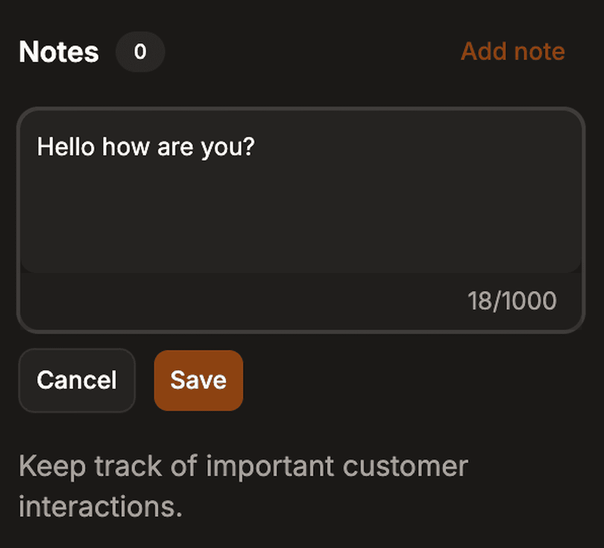 A note being written in the lead details panel with a character counter reading 18/1000 and Cancel and Save buttons.