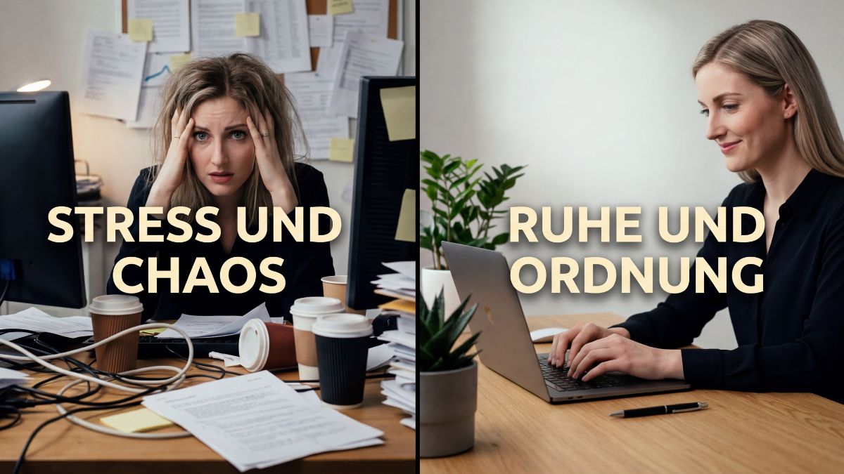 Kontrast zwischen stressiger und gesunder Arbeitsumgebung am Arbeitsplatz