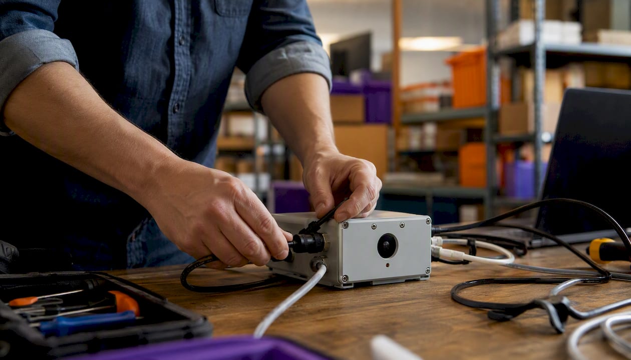 Hands wiring AI sensor node in retail stockroom