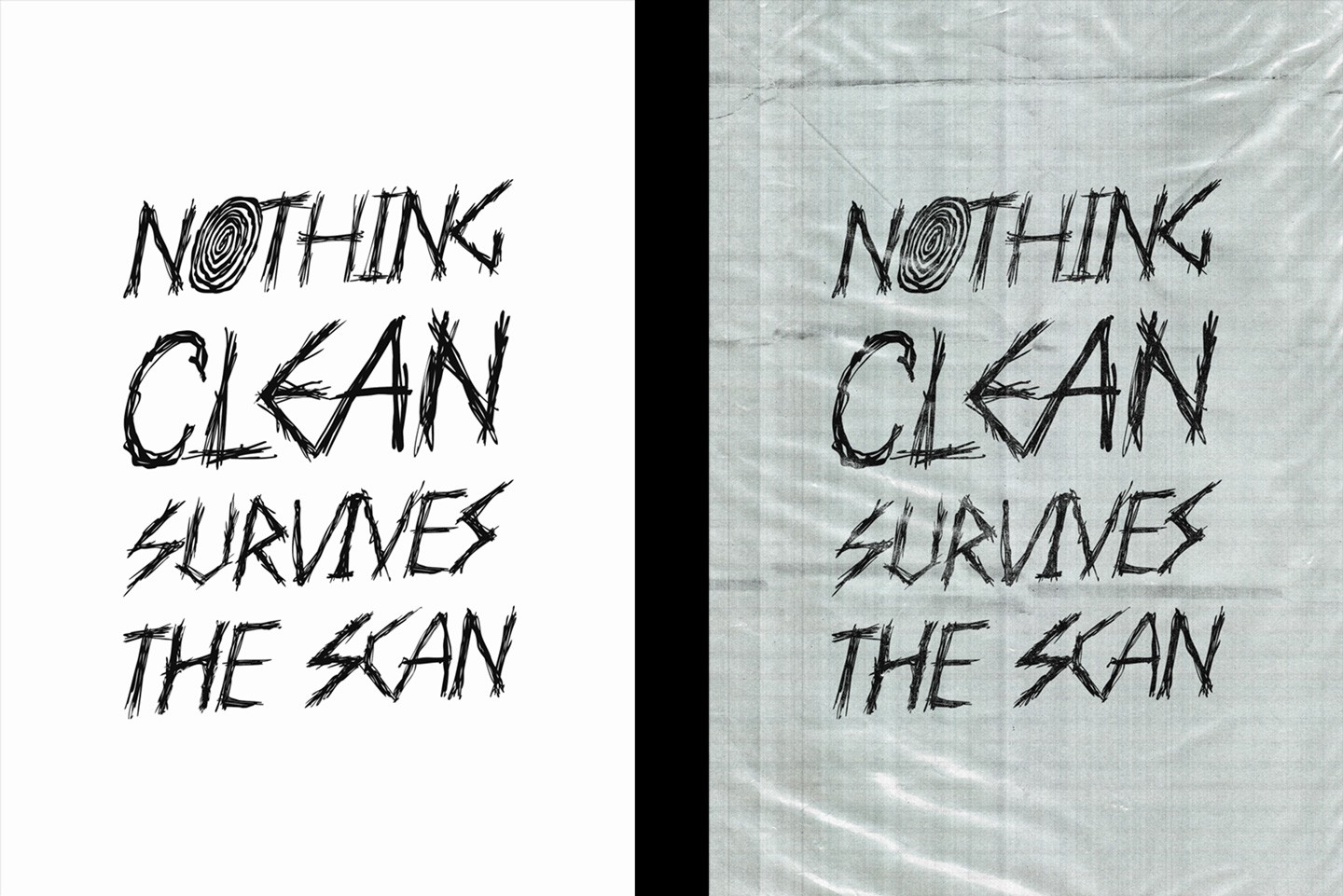 Raw Scan Archive textures applied to bold typography showing realistic scanned distortion and paper grain