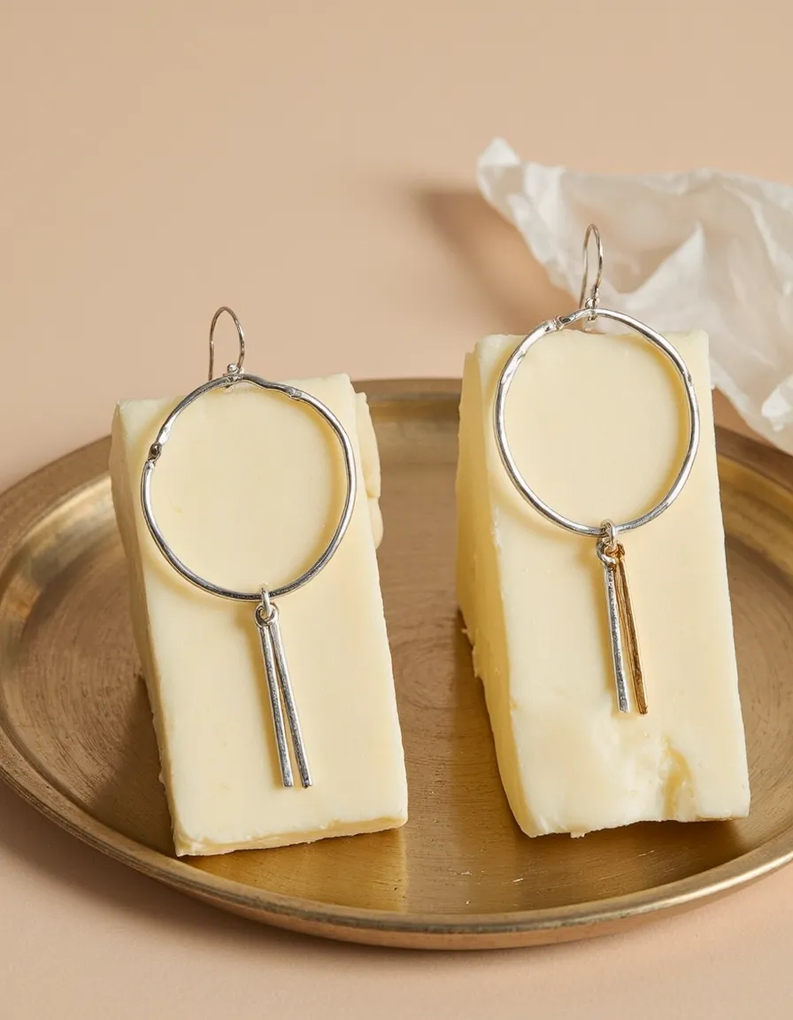 Silver hoop earrings with dangling bars displayed on blocks of white cheese on a gold plate against a neutral beige background