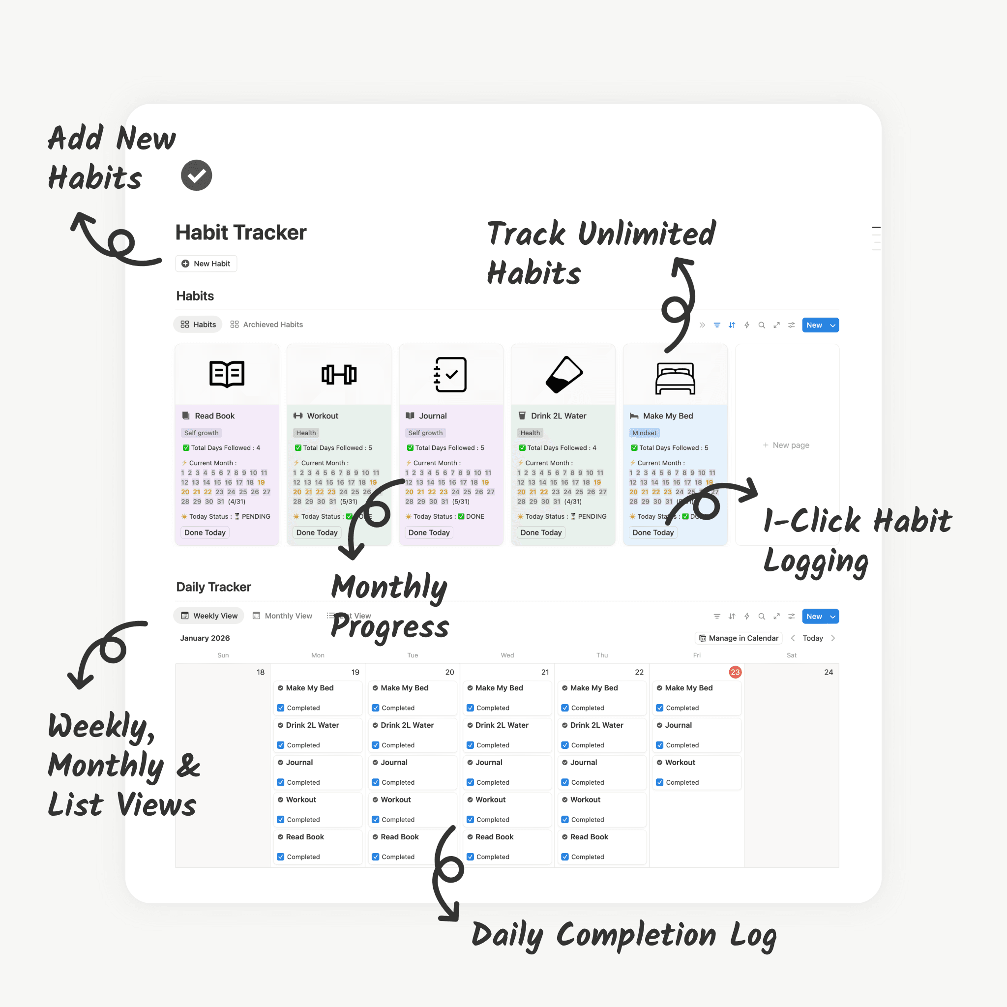 Minimal Notion habit tracker dashboard for building consistent routines