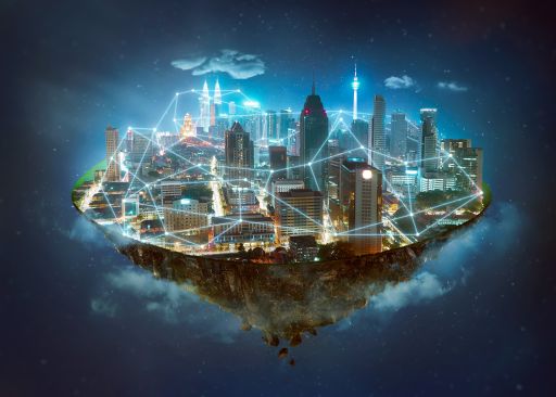 Fantasy island floating in teh sky with network lines.