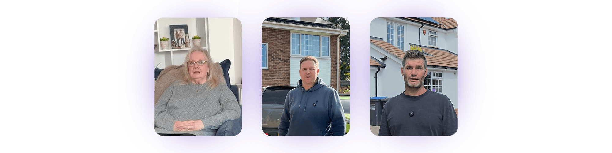 Homeowners filmed outside their houses giving testimonial videos after having solar installations completed.