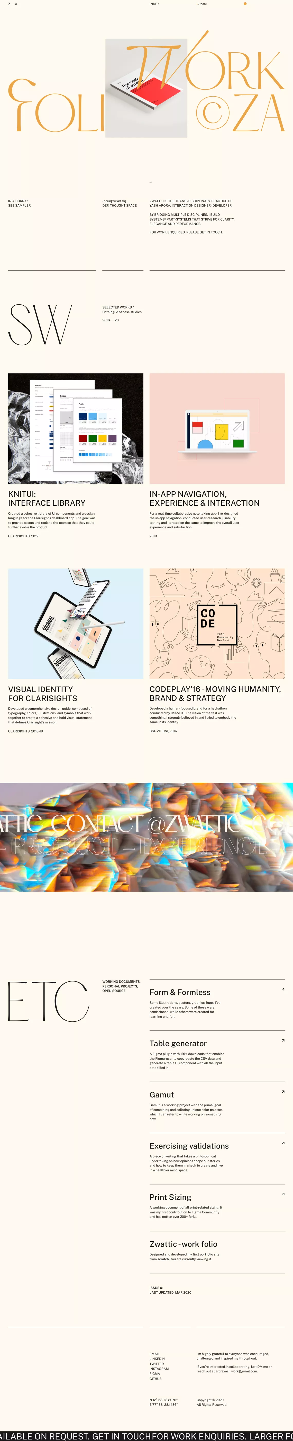 ZA - Yash Arora, Designer-Developer portfolio page screenshot showcasing Design and Tech design