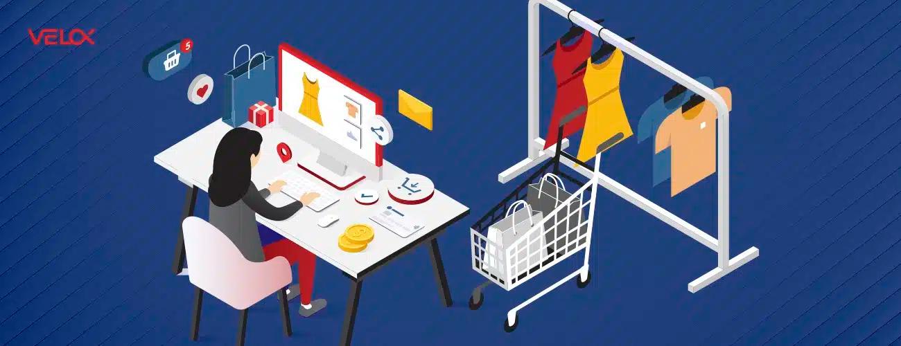 A graphic with a blue background and a woman sitting at the computer with an apparel rack and shopping cart next to a table