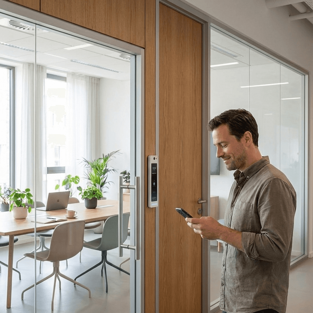 Ein Mann öffnet die Tür zum Meetingraum mit UniFi Door Access per Smartphone