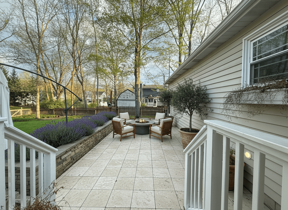 Premium travertine. Large-format ivory travertine tiles in straight-lay, stacked-stone border wall along left, lavender planting, custom round fire pit, deep teak seating, potted olive trees, crisp white deck railing